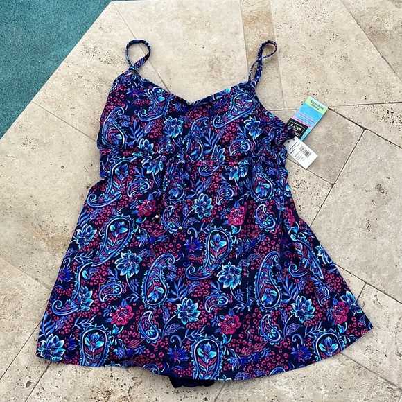 SWIM SOLUTIONS Tummy Control Empire Waist Swimdress, Created For Macy's- 20W - Picture 2 of 11